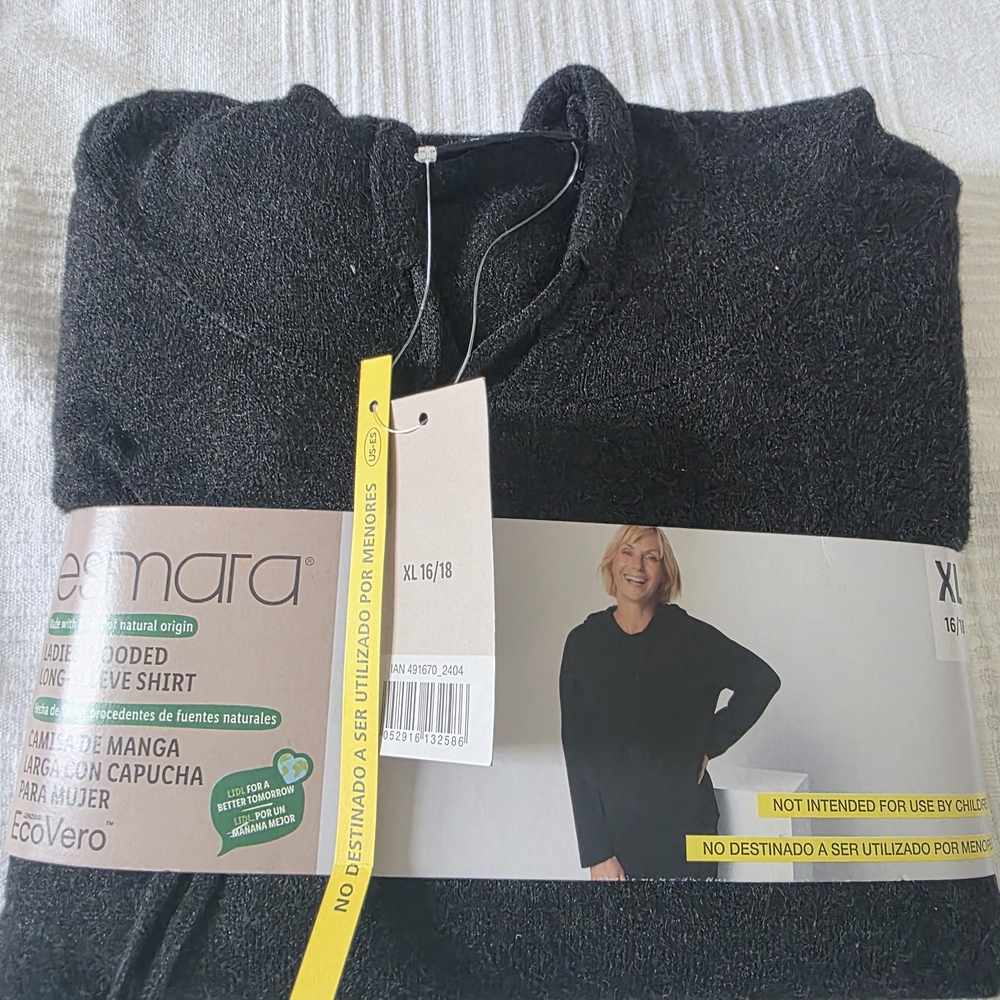 Esmara Women’s Hooded Long Sleeve Shirt Hoodie Black Size XL 16/18 EcoVero NEW